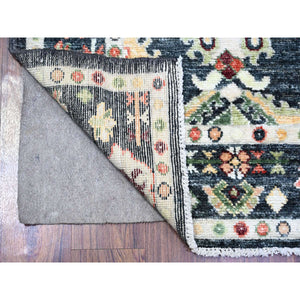 4'2"x9'6" Gunmetal Black, Afghan Angora Oushak with Colorful Motifs Natural Dyes, Soft Wool Hand Knotted, Wide Runner Oriental Rug FWR441588