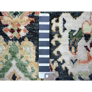 4'2"x9'6" Gunmetal Black, Afghan Angora Oushak with Colorful Motifs Natural Dyes, Soft Wool Hand Knotted, Wide Runner Oriental Rug FWR441588