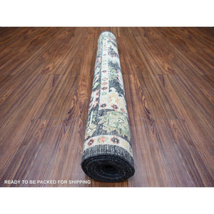 4'2"x9'6" Gunmetal Black, Afghan Angora Oushak with Colorful Motifs Natural Dyes, Soft Wool Hand Knotted, Wide Runner Oriental Rug FWR441588