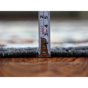 4'2"x9'6" Gunmetal Black, Afghan Angora Oushak with Colorful Motifs Natural Dyes, Soft Wool Hand Knotted, Wide Runner Oriental Rug FWR441588