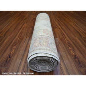 2'8"x19'1" Ivory, 100% Wool Hand Knotted, Afghan Angora Oushak With Floral Motif Natural Dyes, Oversized Xl Runner Oriental Rug FWR441888