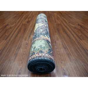 2'9"x9'9" True Black, 100% Wool Hand Knotted, Afghan Angora Oushak with Pop of Colors Natural Dyes, Runner Oriental Rug FWR441936
