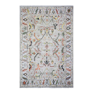 6'x9'1" Silver Gray, Afghan Angora Oushak with Colorful Pattern Natural Dyes, Soft Wool Hand Knotted, Oriental Rug FWR442284