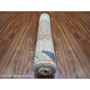 2'10"x9'7" Tan Color, Anatolian Village Inspired With Large Design Elements And Bird Figurines Vegetable Dyes, Extra Soft  Wool Hand Knotted Oriental Runner Rug FWR442410
