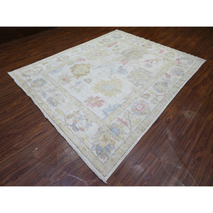 8'x9'9" Ivory, Afghan Angora Oushak With Colorful Motifs Natural Dyes, 100% Wool Hand Knotted, Oriental Rug FWR442584