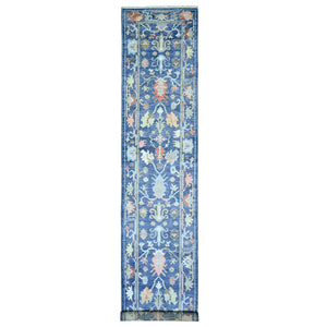 2'9"x15'8" Admiral Blue, Afghan Angora Oushak with Colorful Motifs Natural Dyes, 100% Wool Hand Knotted, XL Runner Oriental Rug FWR443112