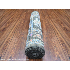2'10"x12'6" Gunmetal Black, Afghan Angora Oushak With All Over Vines and Floral Pattern, Natural Dyes, Soft Wool, Hand Knotted, Runner Oriental Rug FWR443244