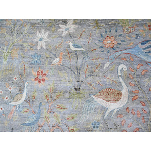 10'x10' Cadet Grey, Natural Dyes, Extra Soft Wool, Hand Knotted, Afghan Peshawar With Birds Of Paradise, Oriental Rug FWR443556