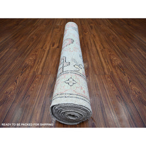 4'2"x11'8" Spring Gray, Soft Wool, Hand Knotted, Afghan Angora Oushak With Colorful Pattern, Natural Dyes, Runner Oriental Rug FWR443892