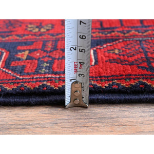1'8"x4'9" Scarlet Red, Hand Knotted, Afghan Khamyab With Geometric Pattern, Soft And Shiny Wool, Vegetable Dyes, Short & Narrow Runner, Oriental Rug FWR4434