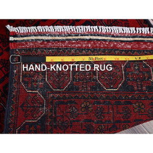 1'8"x4'9" Scarlet Red, Hand Knotted, Afghan Khamyab With Geometric Pattern, Soft And Shiny Wool, Vegetable Dyes, Short & Narrow Runner, Oriental Rug FWR4434