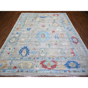 8'4"x9'8" Cloud Gray, Natural Dyes Soft Wool, Hand Knotted Afghan Angora Oushak With Colorful Motifs, Oriental Rug FWR444132
