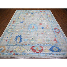 Load image into Gallery viewer, 8&#39;4&quot;x9&#39;8&quot; Cloud Gray, Natural Dyes Soft Wool, Hand Knotted Afghan Angora Oushak With Colorful Motifs, Oriental Rug FWR444132