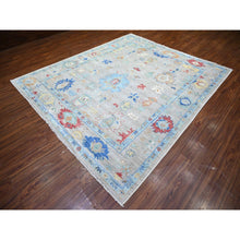 Load image into Gallery viewer, 8&#39;4&quot;x9&#39;8&quot; Cloud Gray, Natural Dyes Soft Wool, Hand Knotted Afghan Angora Oushak With Colorful Motifs, Oriental Rug FWR444132