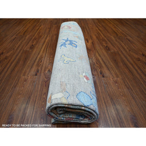 8'4"x9'8" Cloud Gray, Natural Dyes Soft Wool, Hand Knotted Afghan Angora Oushak With Colorful Motifs, Oriental Rug FWR444132