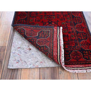 1'9"x4'9" Crimson Red, Soft Wool, Afghan Khamyab With Geometric Pattern, Hand Knotted, Vegetable Dyes, Short & Narrow Runner, Oriental Rug FWR4440