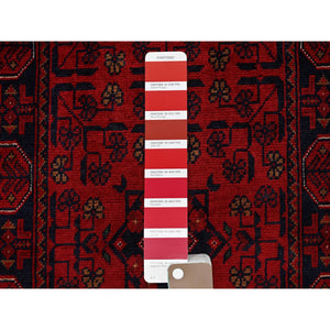1'9"x4'9" Crimson Red, Soft Wool, Afghan Khamyab With Geometric Pattern, Hand Knotted, Vegetable Dyes, Short & Narrow Runner, Oriental Rug FWR4440