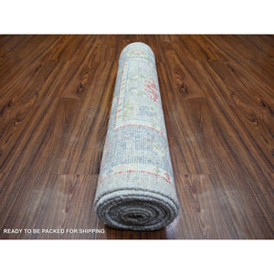 2'9"x13'7" Coin Gray, Afghan Angora Oushak with All Over Leaf Design, Hand Knotted, Natural Dyes, Pure Wool Oriental Runner Rug FWR444642
