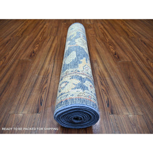 2'10"x11'10" Aegean Blue, Afghan Angora Oushak with Large Leaf Design, Pure Wool, Natural Dyes, Hand Knotted Runner Oriental Rug FWR444648