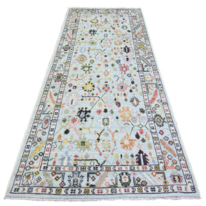 4'1"x10' Sky Blue, Natural Dyes Afghan Angora Oushak with Colorful Pattern, 100% Wool Hand Knotted, Runner Oriental Rug FWR444984