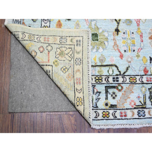 4'1"x10' Sky Blue, Natural Dyes Afghan Angora Oushak with Colorful Pattern, 100% Wool Hand Knotted, Runner Oriental Rug FWR444984