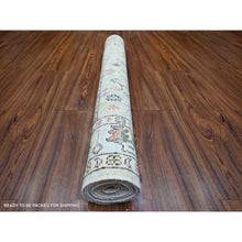 Load image into Gallery viewer, 4&#39;1&quot;x10&#39; Sky Blue, Natural Dyes Afghan Angora Oushak with Colorful Pattern, 100% Wool Hand Knotted, Runner Oriental Rug FWR444984