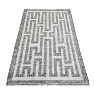 4'x5'8" Taupe Brown, Hand Knotted 100% Wool, Fine Peshawar with Intricate Geometric Motifs Maze Design Natural Dyes, Oriental Rug FWR445146