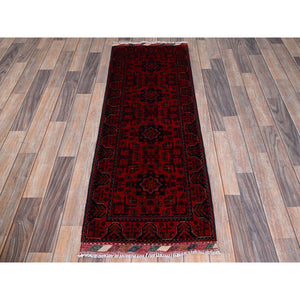1'9"x5' Scarlet Red, Afghan Khamyab With Geometric Medallions Design, Soft And Velvety Wool, Hand Knotted, Natural Dyes, Short And Narrow Runner, Oriental Rug FWR4446