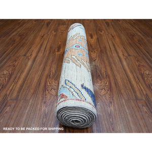3'x10' Tan Color, Anatolian Village Inspired With Large Design Elements And Bird Figurines Pure Wool Hand Knotted Oriental Runner Rug FWR445344