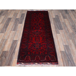 1'10"x5'1" Ruby Red, Afghan Khamyab With Tribal Medallions Design, Natural Wool, Hand Knotted, Vegetable Dyes, Short And Narrow Runner, Oriental Rug FWR4452