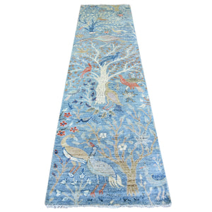 2'7"x10'1" Steel Blue, Afghan Peshawar with Birds Of Paradise Natural Dyes, Pure Wool Hand Knotted, Runner Oriental Rug FWR445884
