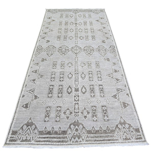 4'2"x9'2" Dim Gray, Fine Peshawar with Intricate Geometric Motifs Vegetable Dyes, Soft Wool Hand Knotted, Wide Runner Oriental Rug FWR445956