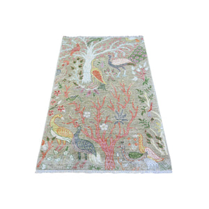 3'4"x4'10' Laurel Green, Afghan Peshawar with Birds of Paradise Design, Abrash, Vegetable Dyes, Soft Wool, Hand Knotted, Oriental Rug FWR446082