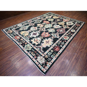 9'x12' Gunmetal Black, Hand Knotted Soft Wool Afghan Angora Oushak with Pop of Colors Natural Dyes, Oriental Rug FWR446394