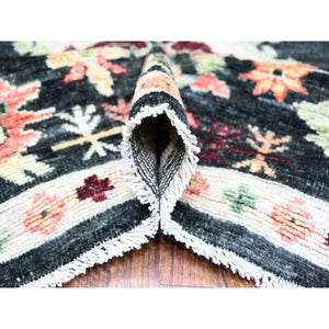 9'x12' Gunmetal Black, Hand Knotted Soft Wool Afghan Angora Oushak with Pop of Colors Natural Dyes, Oriental Rug FWR446394