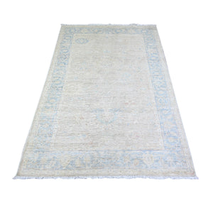 3'9"x6' Gainsboro and Glaucous Gray, Shiny Wool, Vegetable Dyes, Hand Knotted, White Wash Peshawar with Faded Design, Oriental Rug FWR446778