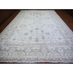 11'10"x16'3" Chrome Gray, 100% Wool, Khotan Design Hand Knotted, Natural Dyes, White Wash Peshawar with Faded Colors, Oversized Oriental Rug FWR446790