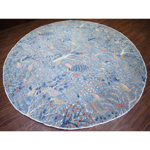 12'x12' Glaucous Blue, Hand Knotted, Afghan Peshawar With Birds Of Paradise, Vegetable Dyes Soft Wool, Round Oriental Rug FWR446982