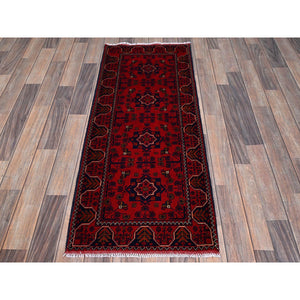 1'9"x4'8" Berry Red, Afghan Khamyab With Geometric Pattern, Soft And Shiny Wool, Hand Knotted, Vegetable Dyes, Short & Narrow Runner, Oriental Rug FWR4464