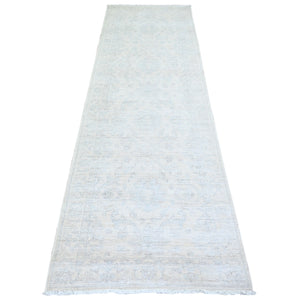 3'x9'4" Feather White, White Wash Peshawar with Faded Colors Vegetable Dyes, Soft Wool Hand Knotted, Runner Oriental Rug FWR447060