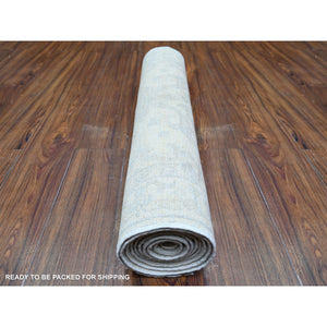 3'x9'4" Feather White, White Wash Peshawar with Faded Colors Vegetable Dyes, Soft Wool Hand Knotted, Runner Oriental Rug FWR447060