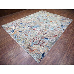 8'8"x11'8" Gainsboro Gray, Pure Wool, Hand Knotted, Vegetable Dyes, Bird of Paradise Afghan Peshawar Design, Abrash, Oriental Rug FWR447114