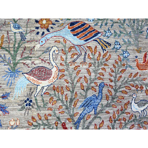 8'8"x11'8" Gainsboro Gray, Pure Wool, Hand Knotted, Vegetable Dyes, Bird of Paradise Afghan Peshawar Design, Abrash, Oriental Rug FWR447114