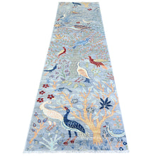 Load image into Gallery viewer, 2&#39;9&quot;x9&#39;8&quot; Blue Gray, Birds of Paradise Tree of Life Afghan Peshawar, Organic Wool, Hand Knotted, Runner Oriental Rug FWR447162