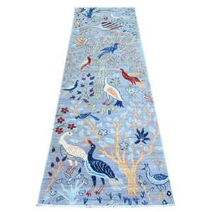 2'7"x7'8" Oxford Gray, Afghan Peshawar with Birds of Paradise Design, Abrash, Vegetable Dyes, 100% Wool, Hand Knotted, Runner Oriental Rug FWR447198