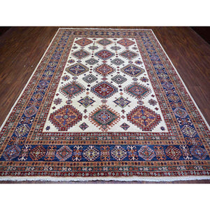 8'4"x11'5" Porcelain White, Organic Wool, Hand Knotted, Dense Weave, Vegetable Dyes, Afghan Super Kazak With All Over Medallions, Oriental Rug FWR447282