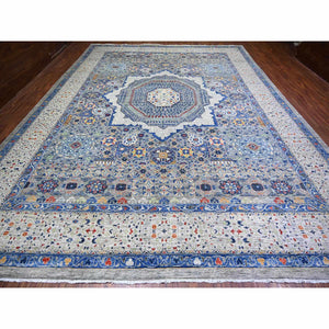 11'9"x16'1" Antique Pewter with Gentle Gray, Vegetable Dyes, Pure Wool, Hand Knotted, Aryana with 14th Century Mamluk Dynasty Pattern, Oversized Oriental Rug FWR447336