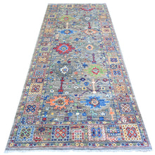 Load image into Gallery viewer, 4&#39;1&quot;x9&#39;8&quot; Echo Gray, Densely Woven, Natural Dyes, Peshawar with Colorful Mahal Design with Heavy Large Elements and Wide Border, Hand Knotted, 100% Wool, Wide Runner Oriental Rug FWR447360