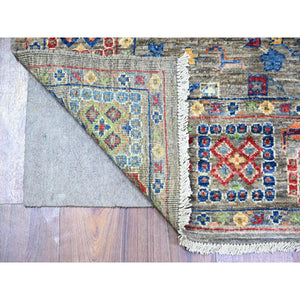 4'1"x9'8" Echo Gray, Densely Woven, Natural Dyes, Peshawar with Colorful Mahal Design with Heavy Large Elements and Wide Border, Hand Knotted, 100% Wool, Wide Runner Oriental Rug FWR447360
