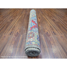 Load image into Gallery viewer, 4&#39;1&quot;x9&#39;8&quot; Echo Gray, Densely Woven, Natural Dyes, Peshawar with Colorful Mahal Design with Heavy Large Elements and Wide Border, Hand Knotted, 100% Wool, Wide Runner Oriental Rug FWR447360